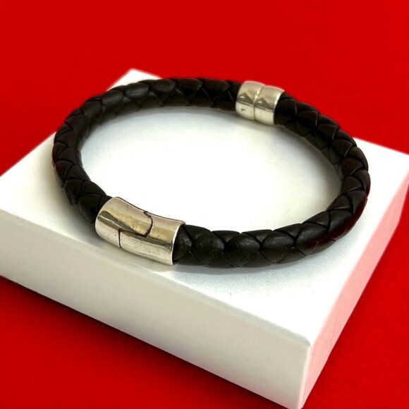 Bottega Veneta Intrecciato Leather Silver 925 Bracelet Bangle Brown 46174